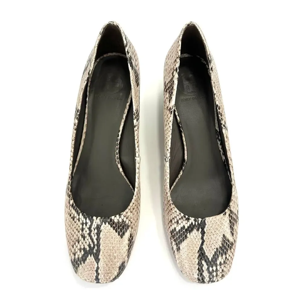 Tory Burch Block Heel Pump Sz 10M Tan Brown Snake Print Leather Closed Round Toe